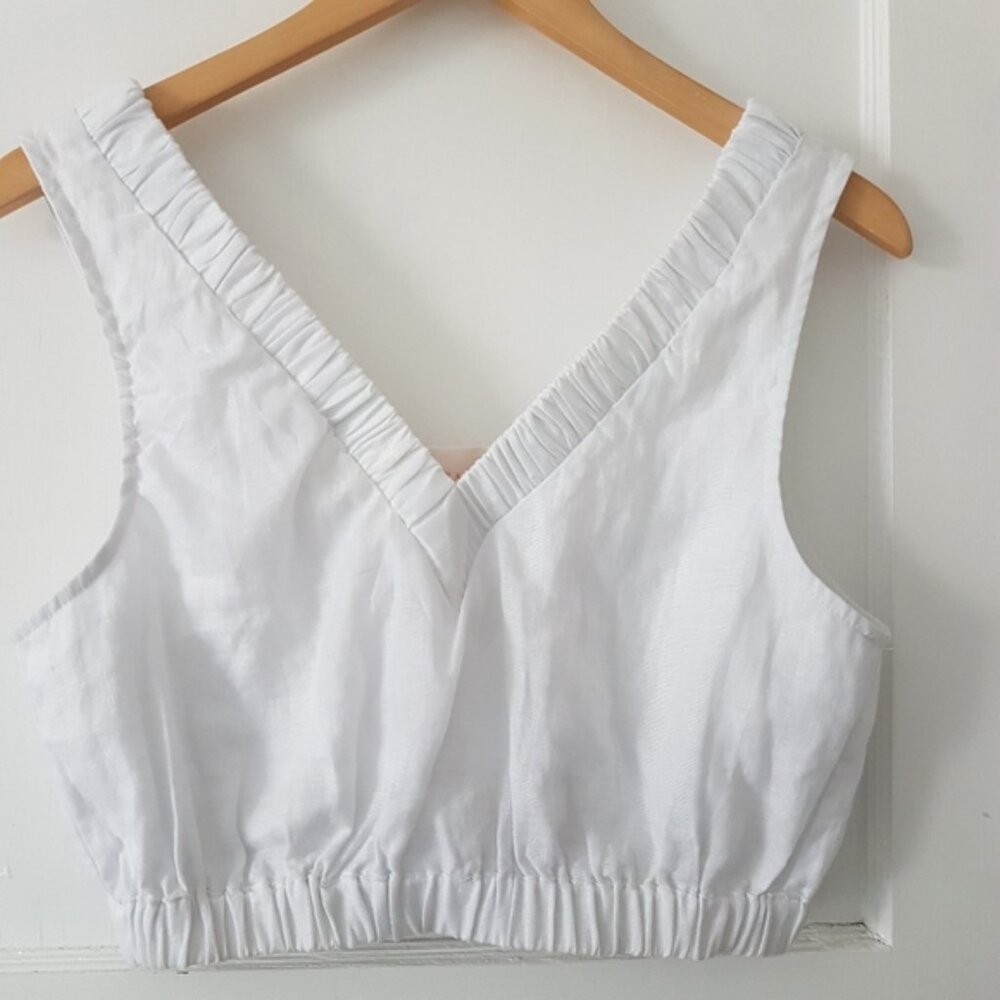 SANCIA 100% Europian Flax Linen V Neck Cropped White Top Sz S